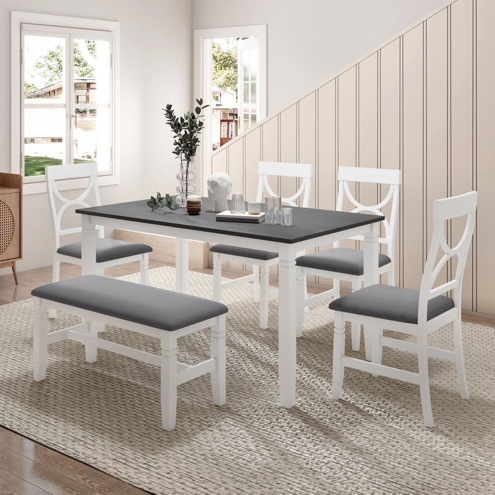Dining Table Set, 6-Piece Wood Kitchen Table Set with Upholstered Bench and 4 Dining Chairs, Farmhouse Style Dining Room Set, White Promo