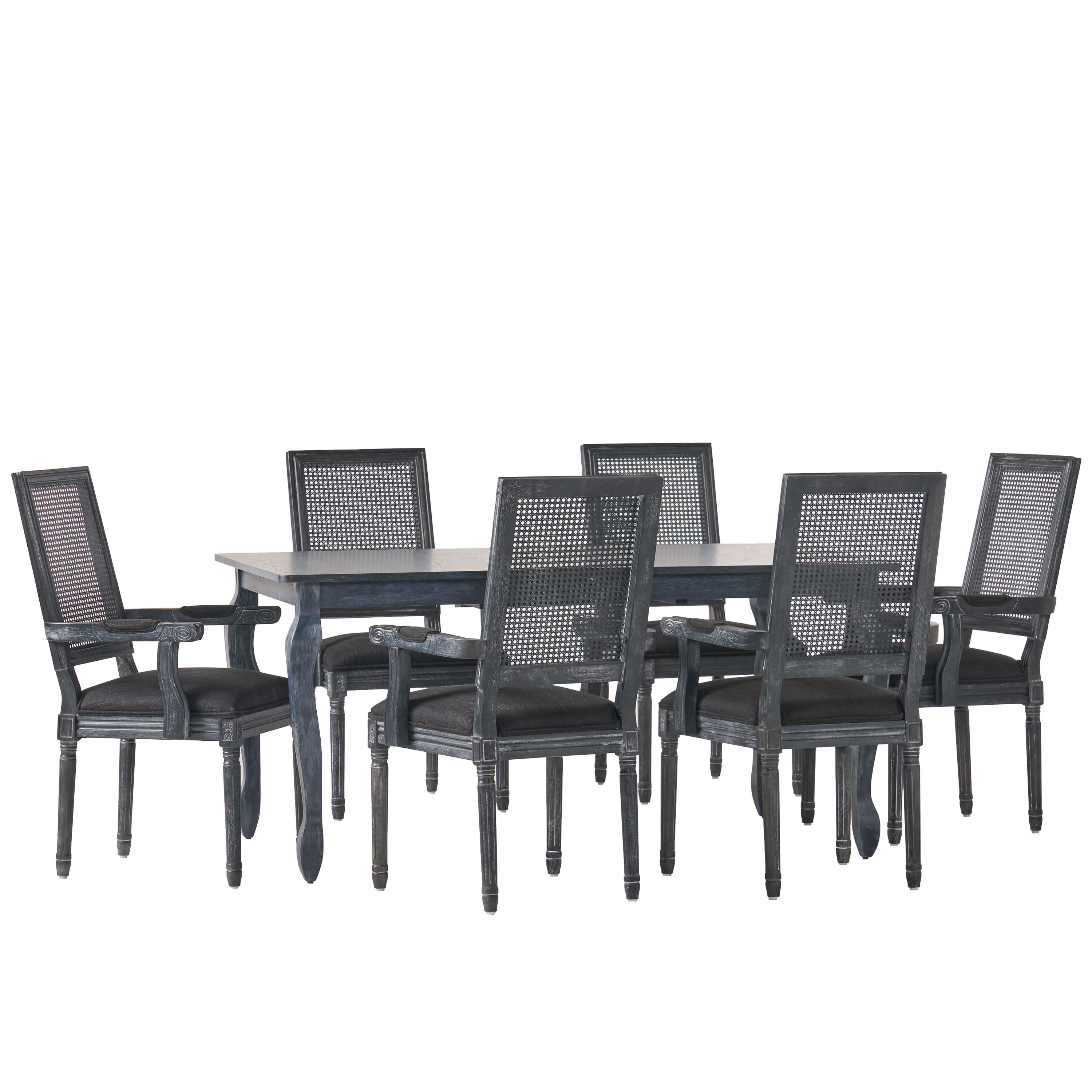 GDF Studio Regan French Country Fabric Upholstered Wood and Cane Expandable 7 Piece Dining Set, Gray and Black Promo