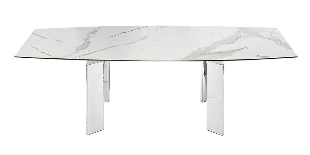 Talenti Casa ASTOR motorized dining table in white marbled porcelain top on glass with high gloss white lacquer base. Promo