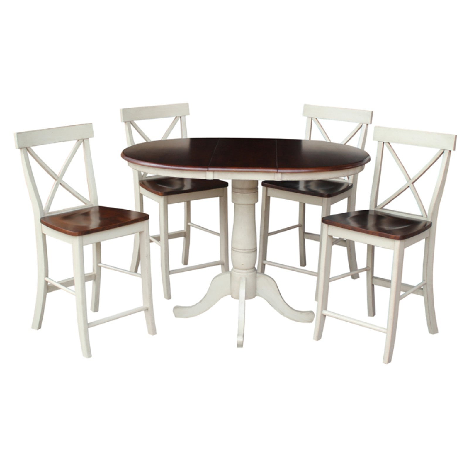 36" Round Counter Height Table with 4 X-back Stools in Antiqued Almond/Espresso - Set of 5 Promo