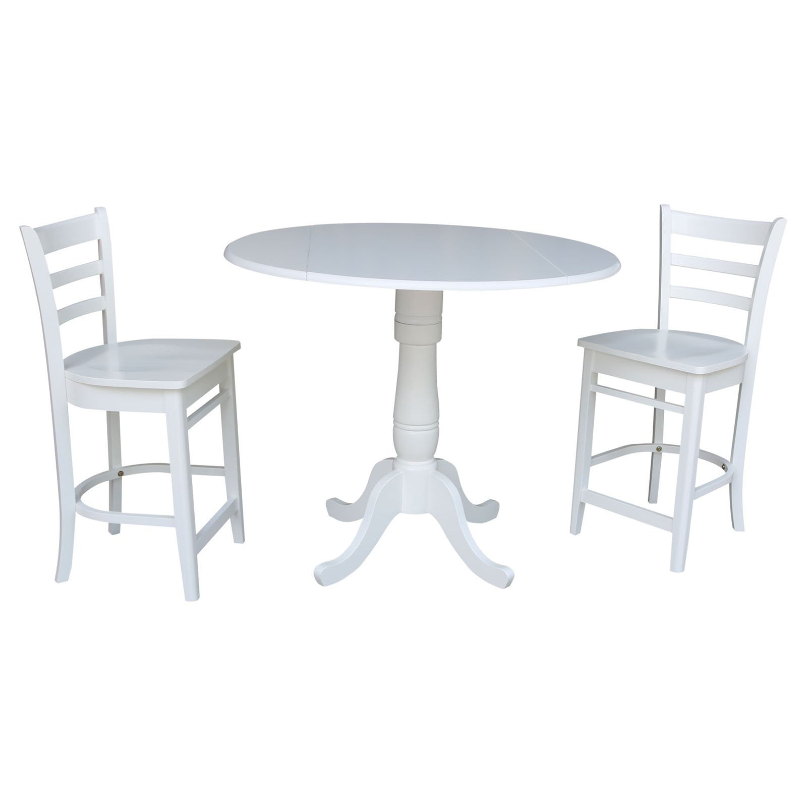 International Concepts 42"H Wood Round Top Pedestal Gathering Height Drop Leaf Table with 2 Counter Height Stools - White -Seats 2 Promo