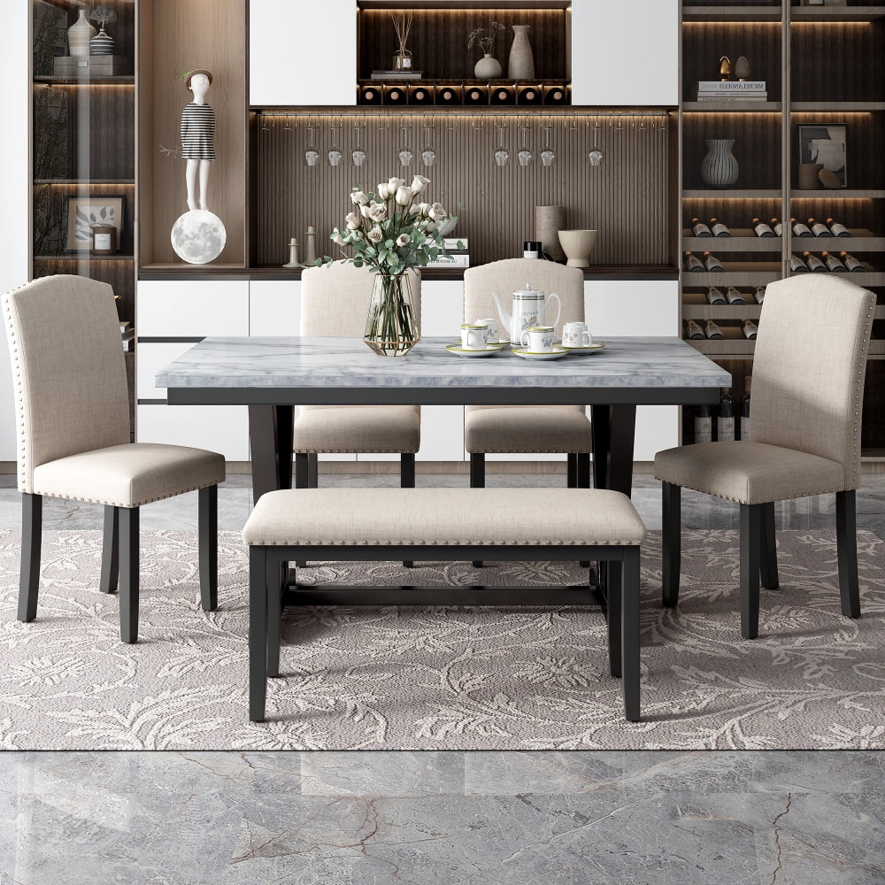 Modern Style 6-Piece 4 Chairs & 1 Bench, Marbled Veneers Tabletop and V-Shaped Table Legs, for Dining, Living Room, and Kitchen, Promo